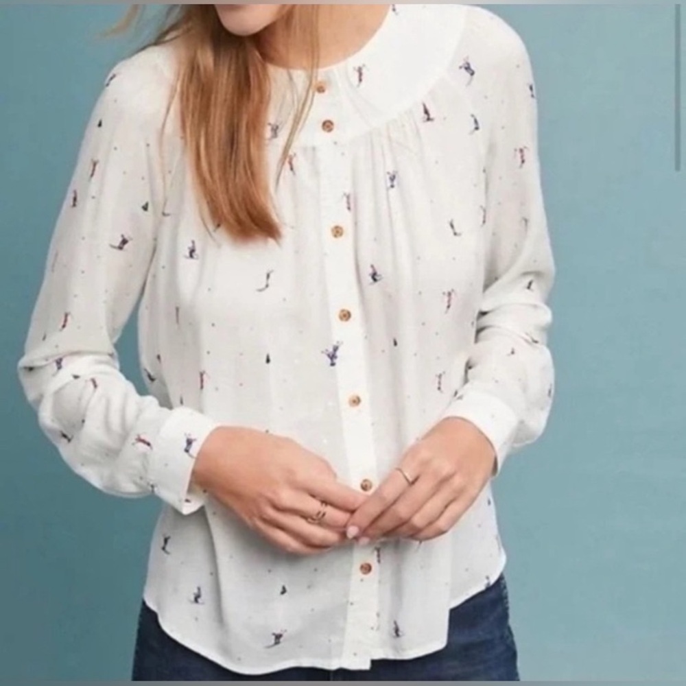 32 of 52 Conversations Anthropologie Blouse Top Womens 16 Skier Novelty Print